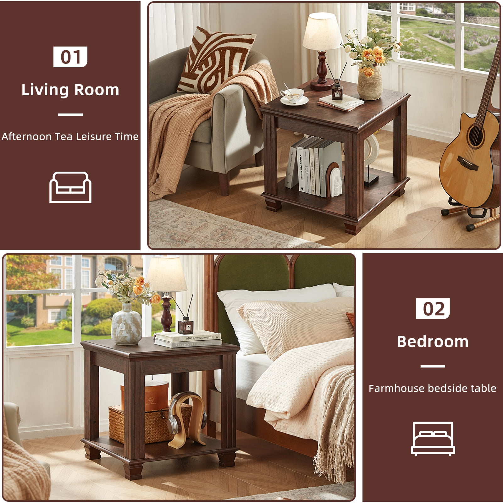Buildhom Farmhouse End Table, Large 2-Tier Side Table with Storage Shelf, Rustic Brown Square Tea Table for Living Room, Walnut