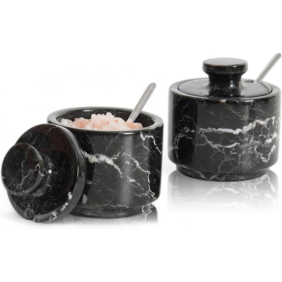 Radicaln Marble Salt Cellar with Lid and Spoon 3 inch Black Flaky Salt Box for Gift, Modern Set of 2 Sugar Kitchen Countertop Storage, Coffee Container, Spice Jars, Candy Jar
