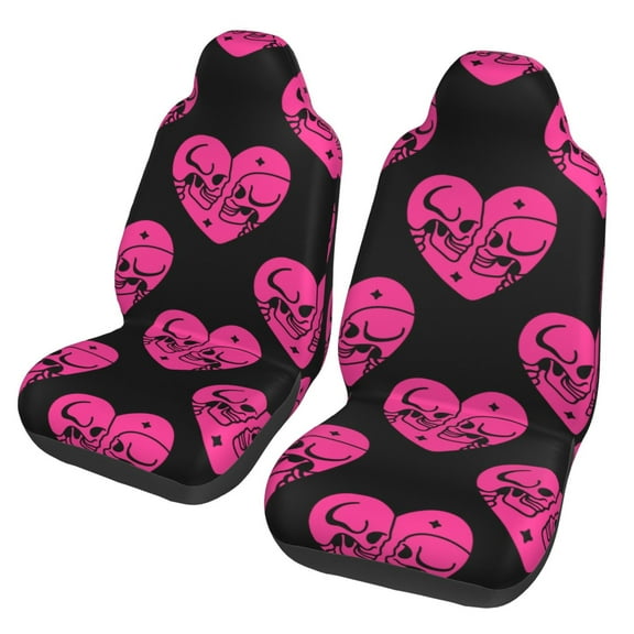 TEQUAN Front Seat Covers, Pink Hearts with Skeletons Pattern 2 Piece Car Seat Cover Fit Most Car SUV Truck Van