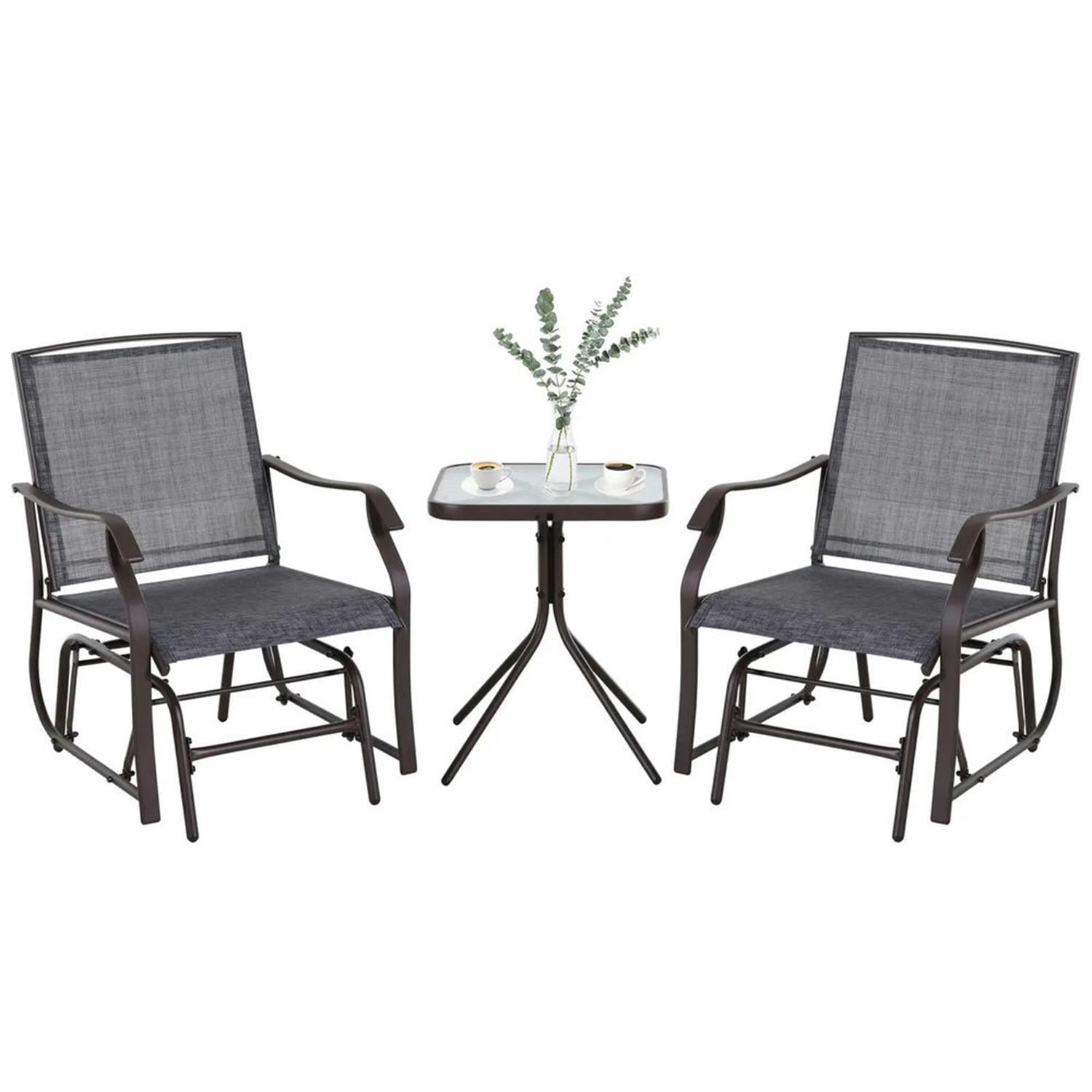 Demi Bonn 3-Piece Outdoor Glider Set with 2 Rocking Chairs, Breathable Sling Fabric, Glass Table, Ideal for Backyard, Garden, Porch, Gray