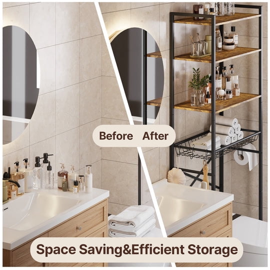 Aiho Over The Toilet Storage Shelf, 4-Tier Freestanding Bathroom Organizers and Storage, above Toilet Space Saver Rack with Adjustable Leg Pads, Toilet Paper Holder and 3-Hooks - Rustic Brown