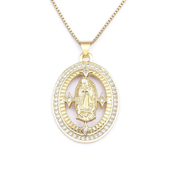 Europe and America Catholic Virgin Mary 14K Yellow Gold Pendant Believer Necklace for Women Men Luxury Inlaid Zircon Religion Faith Jewelry Gift