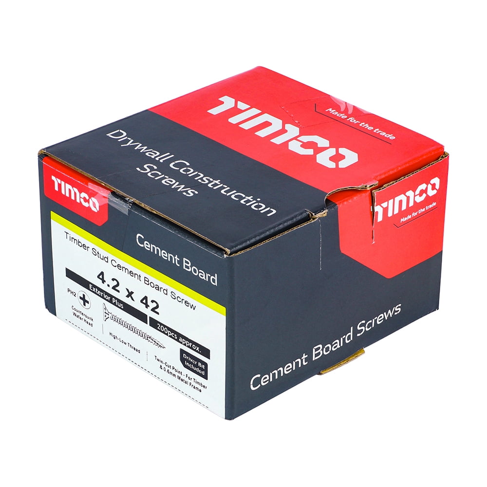 Timco - Drywall Construction Timber Stud Cement Board Screws - PH - Countersunk Wafer - Twin-Cut - Exterior - Silver Organic (Size 4.2 x 42 - 200 Pieces)