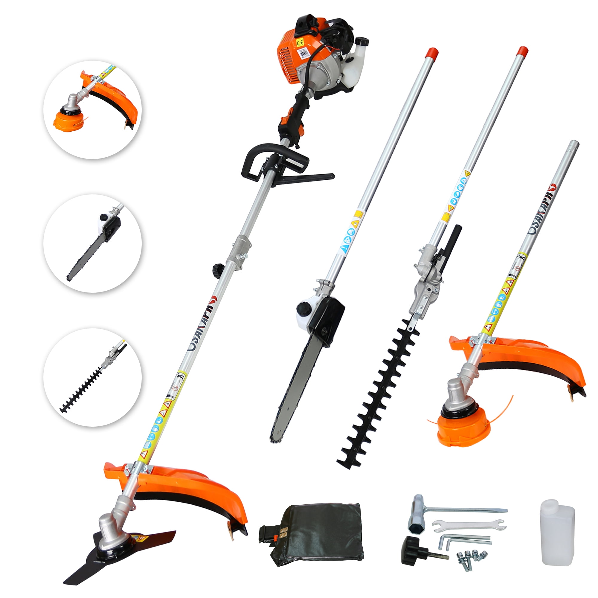 33CC Gas Grass Trimmer 2-Cycle, Sesslife 4 in 1 Trimming Tool Kit with Gas Pole Saw, Hedge Trimmer, Grass Trimmer, Brush Cutter, Full Crankshaft Weed Eater Lawn Mower for Garden Lawn Yard, Orange