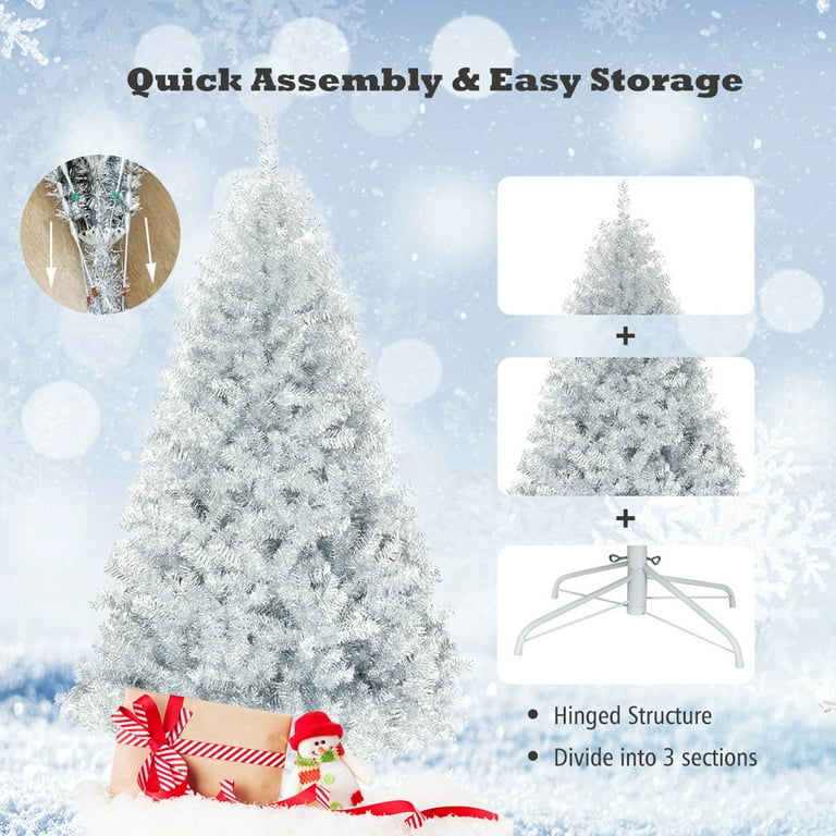 6 FT Silver Tinsel Christmas Tree Artificial Hinged Tree Holiday