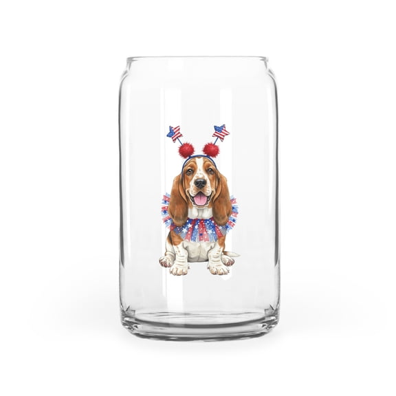 4th of July Basset Hound Celebrates Independence Day 16oz Glass Cup Mug Bassets Dog Breed Lovers Gifts Idea Glass Can - 12010