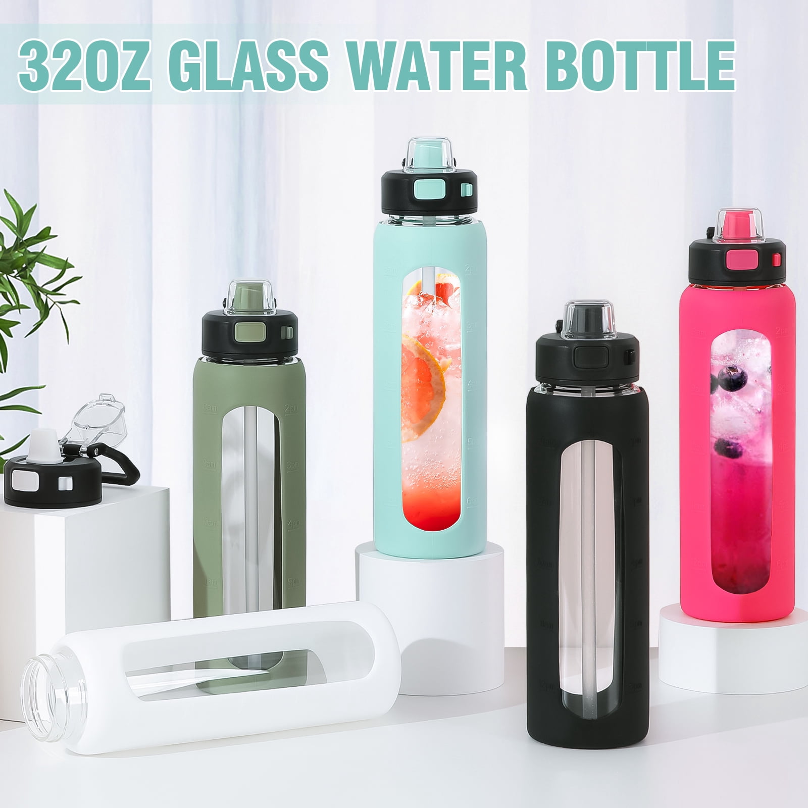 MUKOKO Water Bottle, 32oz Glass Drinking Bottle with Straw, Motivational Water Bottle with Leak Proof Locking Lid , Travel Sports Water Jug with Water Marker, Light Blue