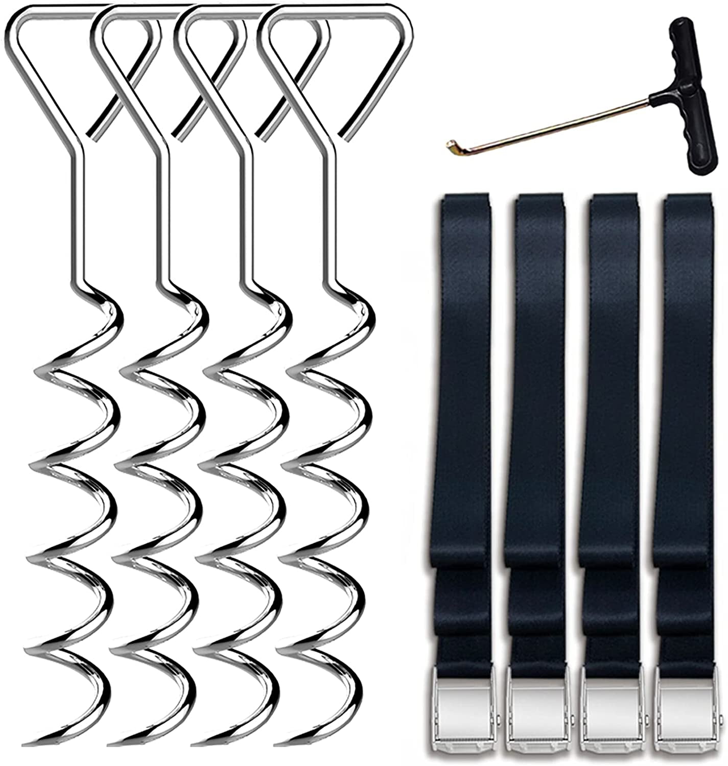 Eurmax Trampoline Stakes Heavy Duty Trampoline Parts Corkscrew Shape Steel Stakes Anchor Kit with T Hook for Trampolines -Set of 4