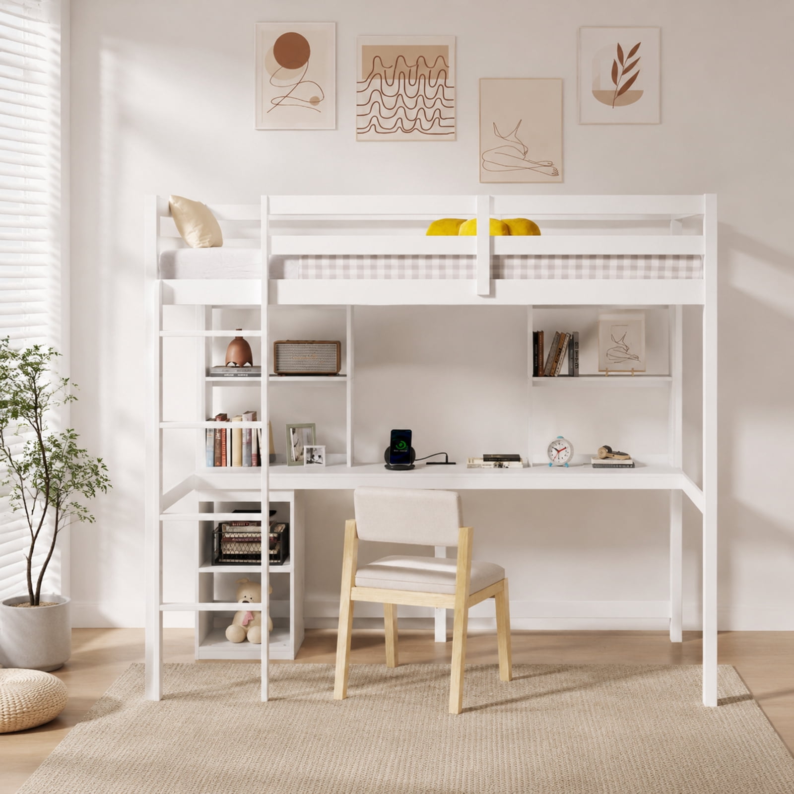 Furnibear Twin Loft Bed with Built In Desk LED Light Charging Station 2 Outlets USB Type C Ports Full Length Guardrails and 14 Plywood Slats, White