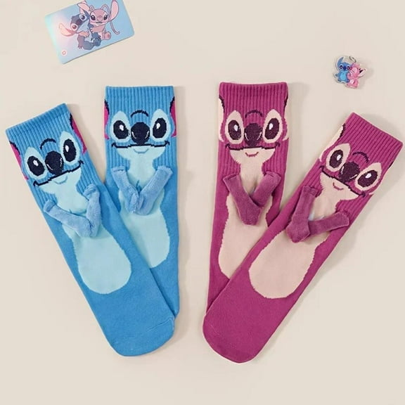 HEXNNHA 2 Pairs Stitch Magnetic Connected Socks for Kids, Soft Cartoon Crew Socks with Fun Hand-Holding Feature, Cute Christmas Stocking Stuffer Gift for Boys and Girls QH91-081