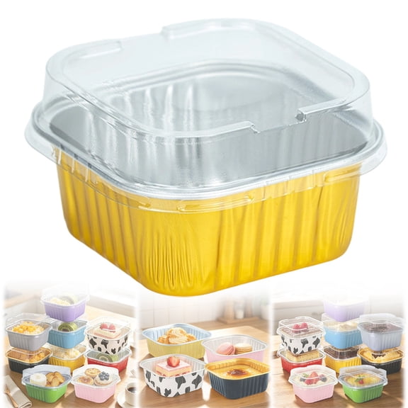 Cozeii Mini Square Cake Pans with Lids, 3.5 Inch Aluminum Foil Pans Disposable Cake Pans for Party Picnics Muffins Cupcakes (Gold）