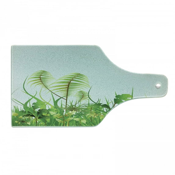 Rainforest Cutting Board, Graphic Plant Landscape at Summertime Natural Grassland Garden Field Theme Print, Tempered Glass Cutting and Serving Board, Wine Bottle Shape, Green Blue, by Ambesonne