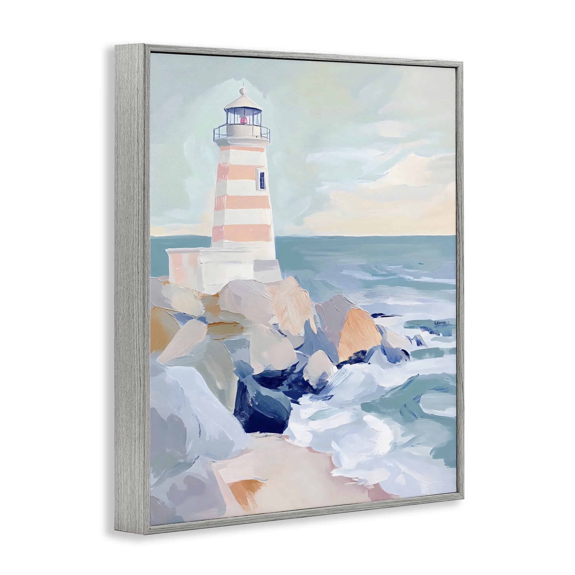 Stupell Industries Coastal Lighthouse in Pastels Gray Framed Giclee Art, design by Creative Studio
