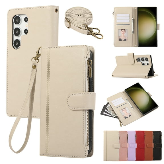 Zipper Wallet Cover for Samsung Galaxy S24 Ultra, Case with Crossbody Strap & Wrist Strap Card Holder Folding Stand Premium PU Leather Folio Flip Phone Case for Women for Galaxy S24 Ultra, Beige