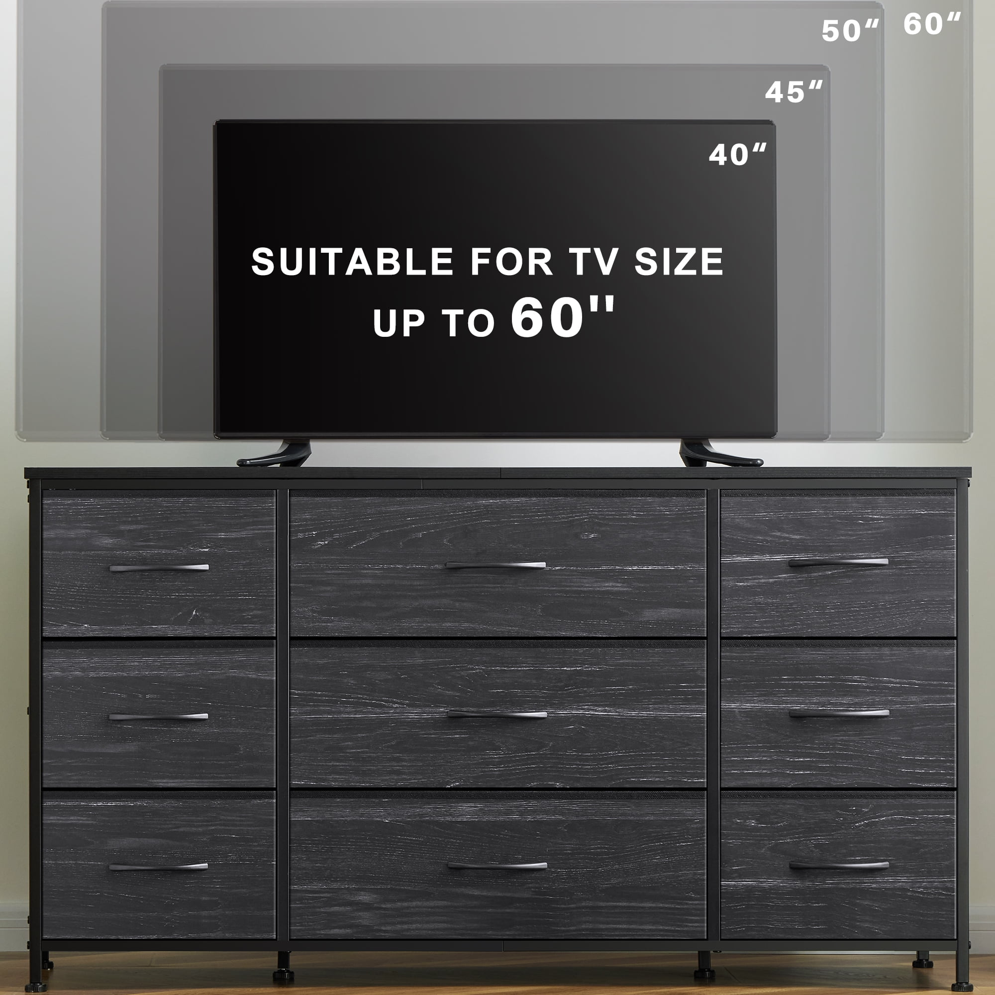 EnHomee Multifuncional Televisor Soporte con Almacenamiento de 9 Cajones para Dormitorio y Sala de Estar, Negro  (图3)