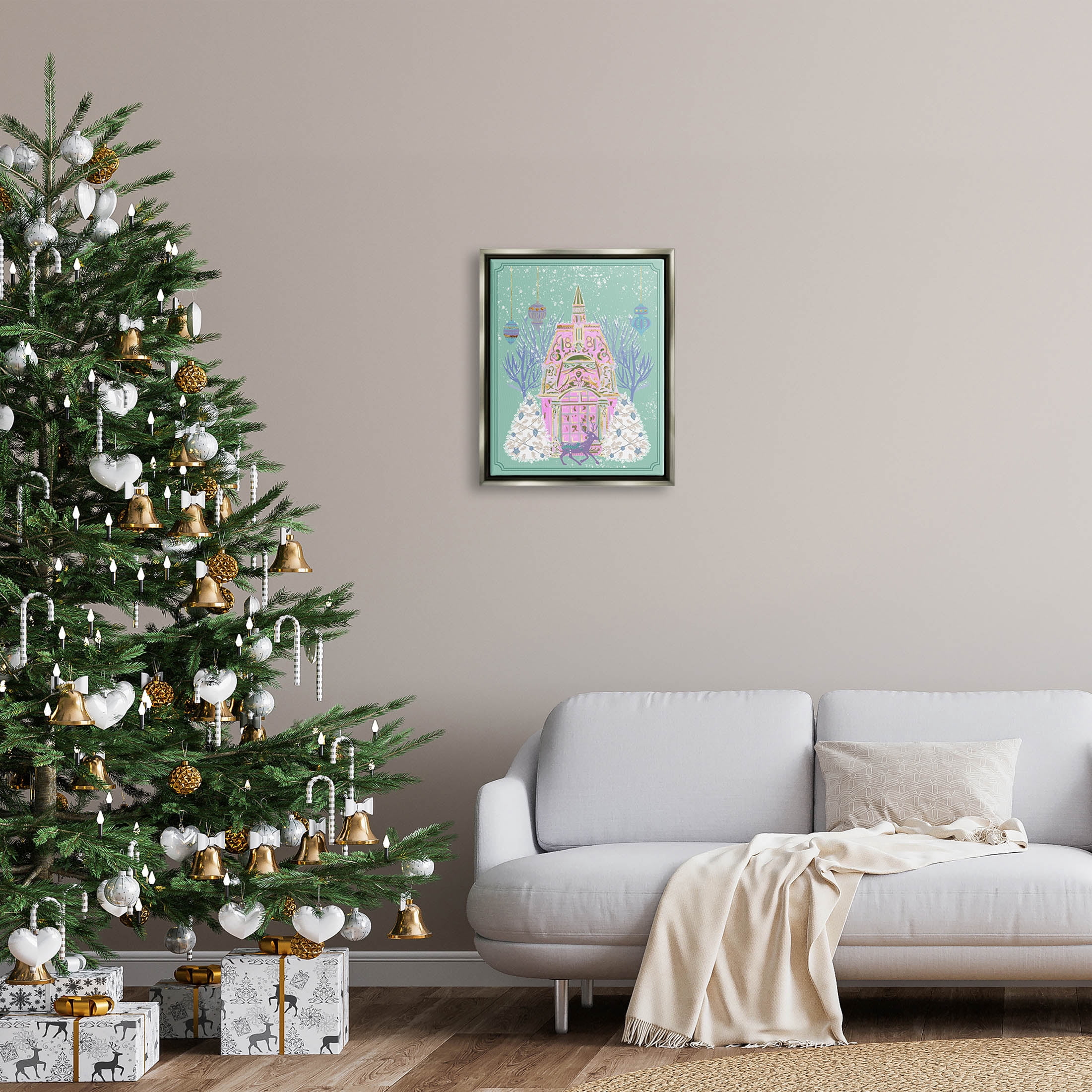 Stupell Industries Pastel Holiday Snowy Architecture Graphic Art Luster Gray Floating Framed Canvas Print Wall Art, Design by Melissa Wang