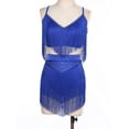 thumbnail image 3 of TiaoBug Women's Fringe Latin Dance Outfits Belly Dancer Sleeveless V Neck Tiered Tassels Crop Top and Skirt Blue XXL, 3 of 7