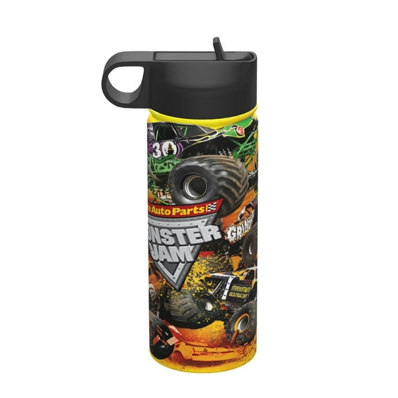 Bottle Monster Truck Jam Insulated Stainless Steel Wide Mouth Water Bottle With Straw, 18oz Portable Leak Proof Drinking Bottle For Outdoor Office Travel School