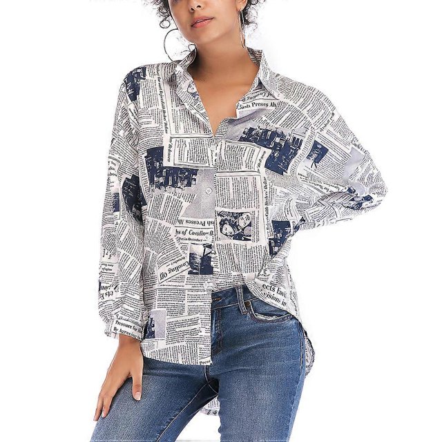 Women Fashion Newspaper Shirt Single-breasted Blouse Lapel Long-sleeved for Summer Spring (Blue, Size L)