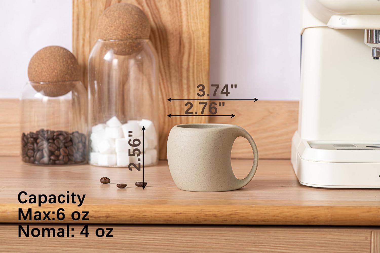 Ceramic Cappuccino Cups with Handles, Set of 4, 6 oz Clay Espresso Mugs for Double Shots, Small Coffee Cups for Latte, Cafe, Mocha, and Tea (Natural Beige)