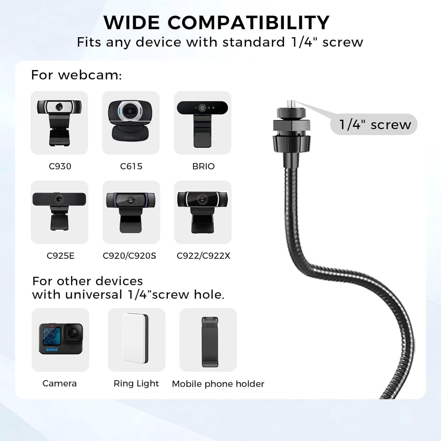 Webcam Stand Phone Mount for Desk, Gooseneck Desktop Tripod & Tabletop Phone Holder with Clamp & 1/4" Thread, Compatible with Action Camera GoPro C922 C930e C920S C920 615 C960 C920x Brio