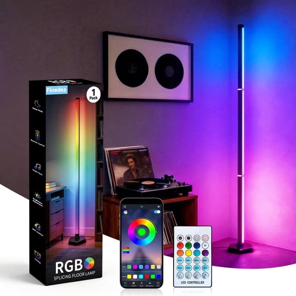 Finedea LED Corner Floor Lamp, 16 Million Colors Corner Light with App & Remote Control, 50” Smart RGB Ambient Lighting with Music Sync, Mood Lighting for Bedroom, Living Room, Gaming Room, 1 PACK
