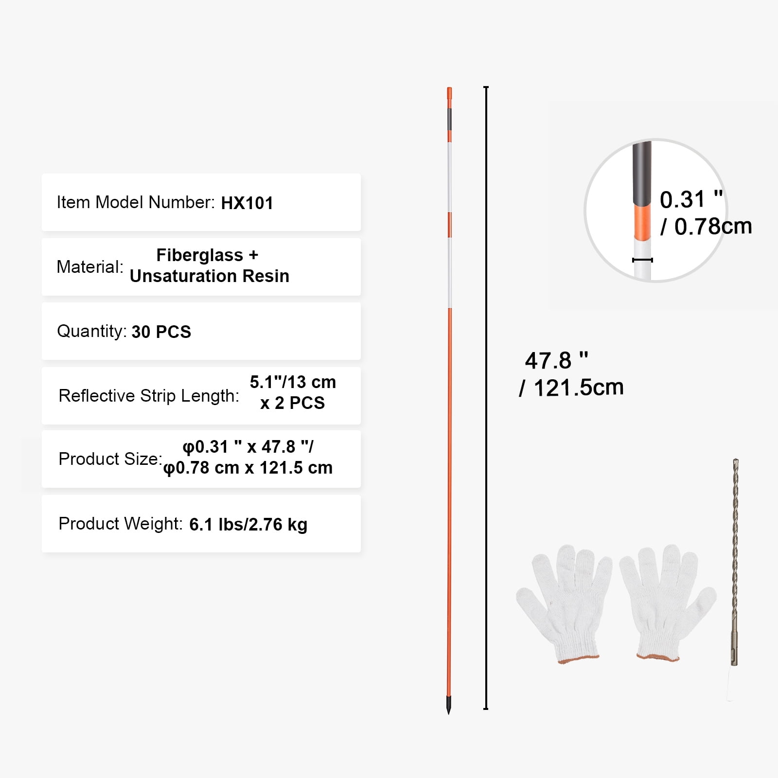 VEVOR 30 Pack 48" Driveway Markers Orange Snow Plow Stakes 0.4" Fiberglass Rod