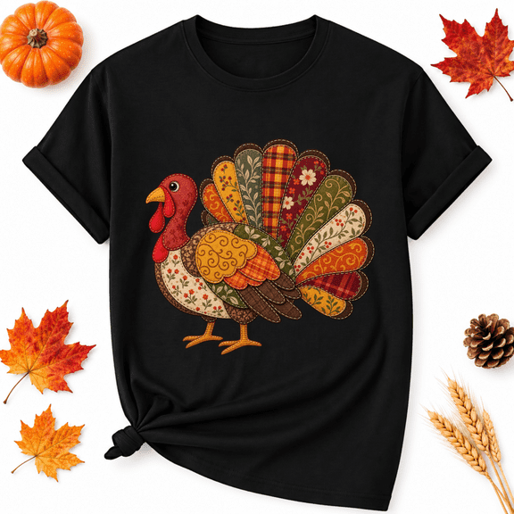 KeHetSoft Thanksgiving Floral Feather Turkey Cotton Graphic Unisex T-Shirt