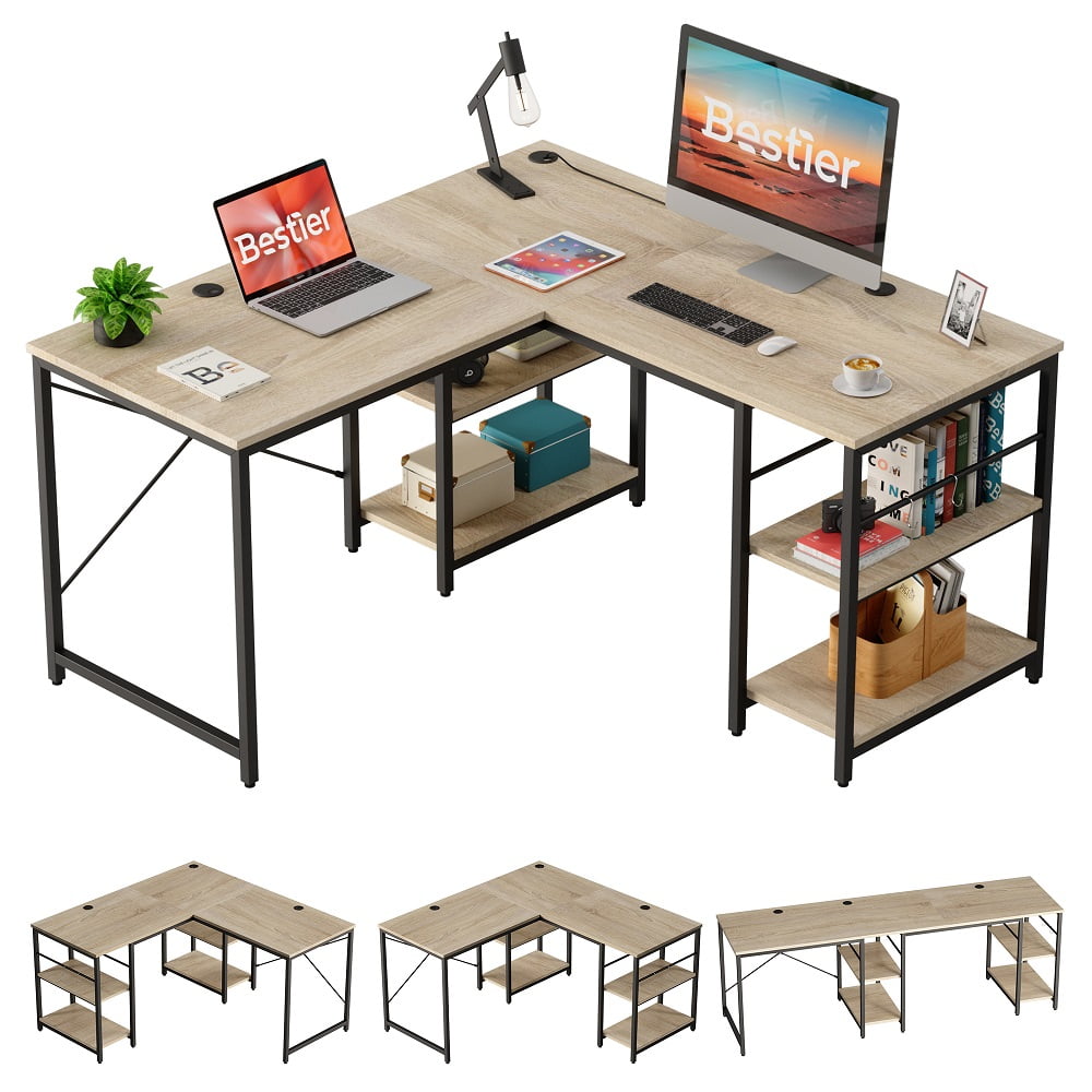 Bestier 86.6 inch L Shaped Desk with Shelves 2 Person Long Table OAK