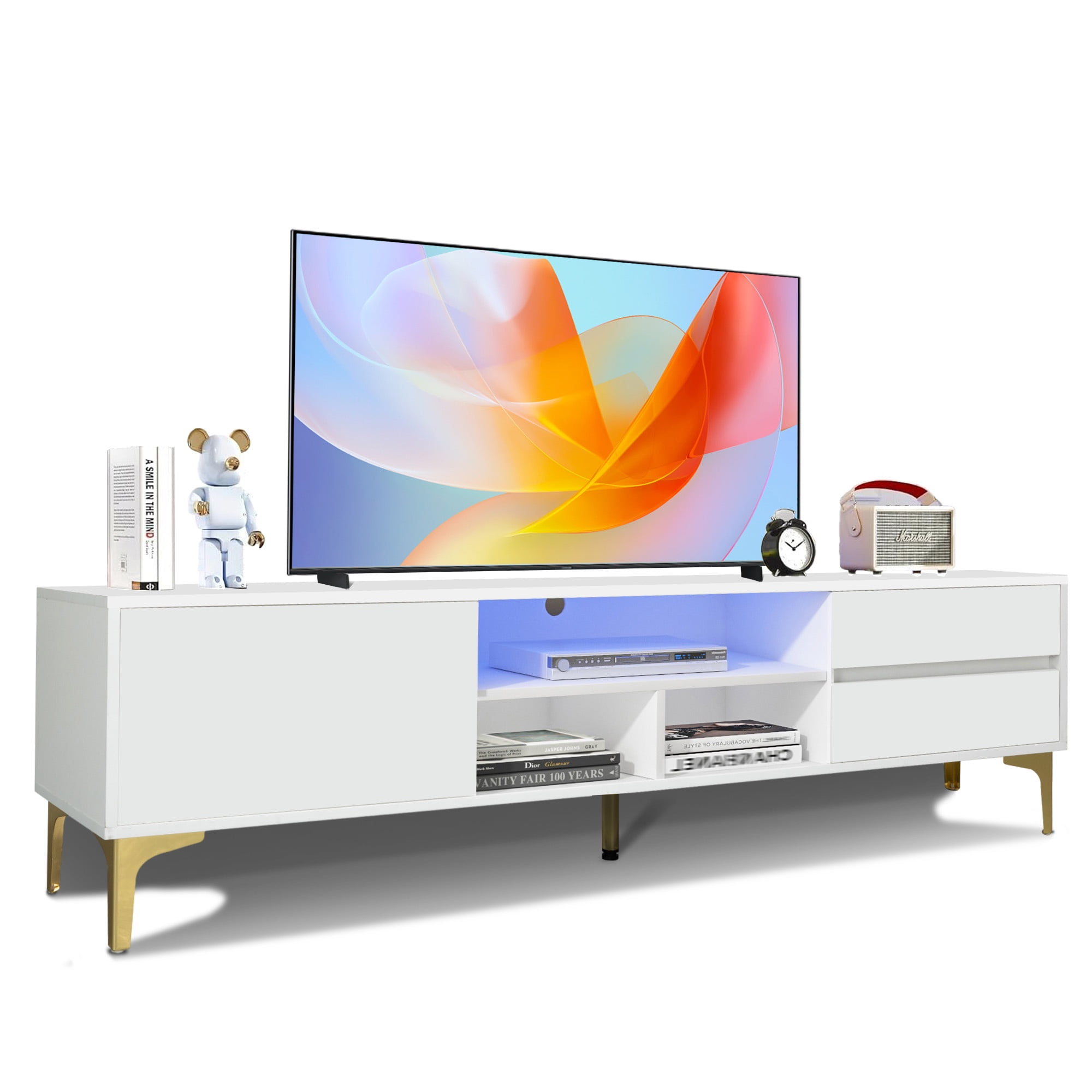 SESSLIFE TV Stand for 70 Inch TV, TV Console Table with RGB LED Lights, Modern Wood Entertainment Center with Cabinet and Drawers, TV Cabinet for Living Room, Bedroom, White