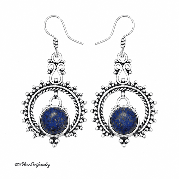 Elanzaa Jewels -925 Sterling Silver Lapis Lazuli Dangle Earrings for Women – Handmade Boho Gemstone Statement Earrings, Vintage Tribal Silver Jewelry Gift for Her