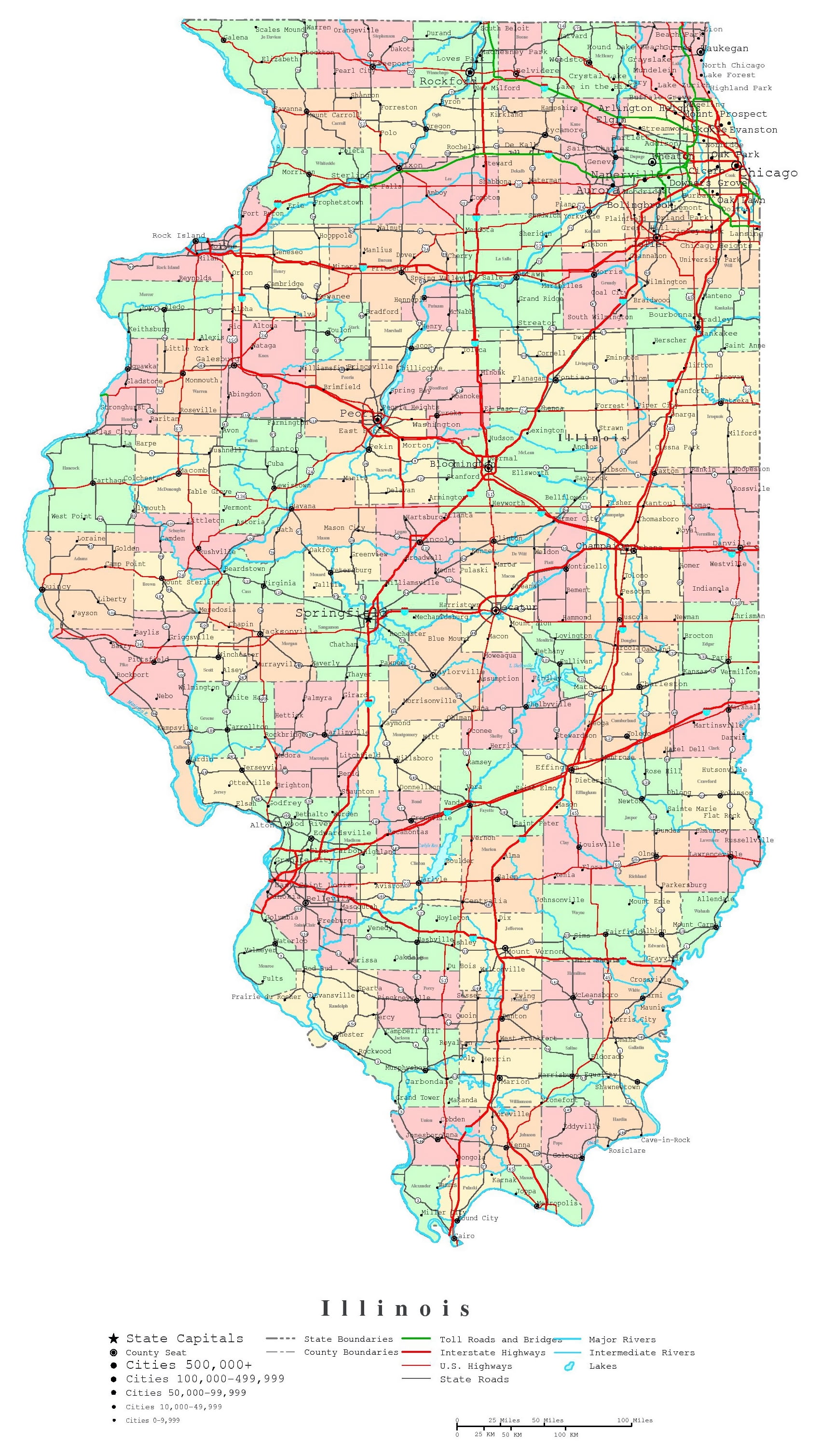 Laminated Map Large Detailed Administrative Map Of Illinois State