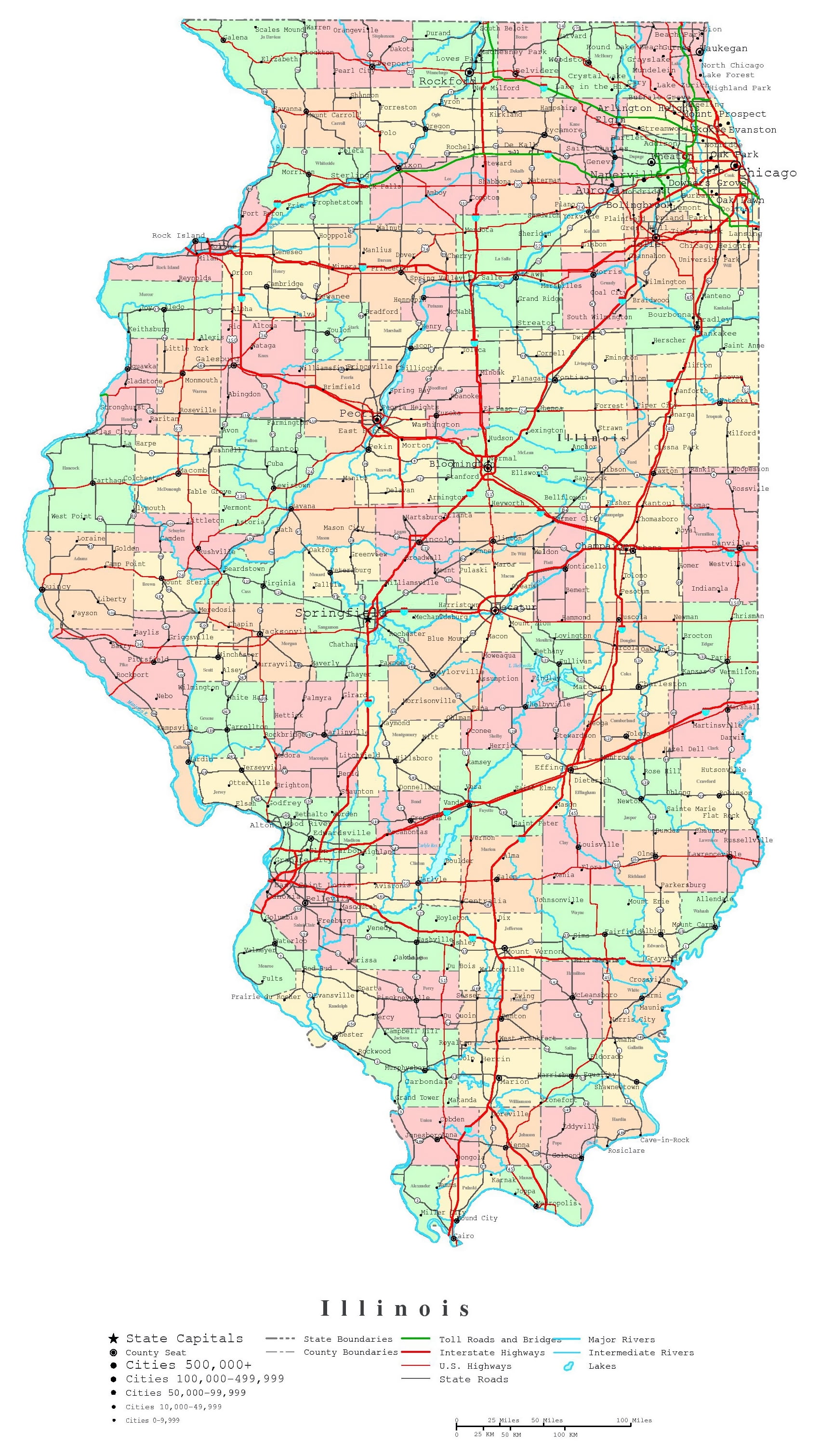 Large Detailed Roads And Highways Map Of Illinois State With Cities And