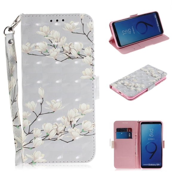 Galaxy S9 Case, S9 Case, Allytech 3D PU Leather Protective Cover & Pocket Lanyard Wallet with Cards Holder, Support Kickstand Slim Case for Samsung Galaxy S9, White Flower