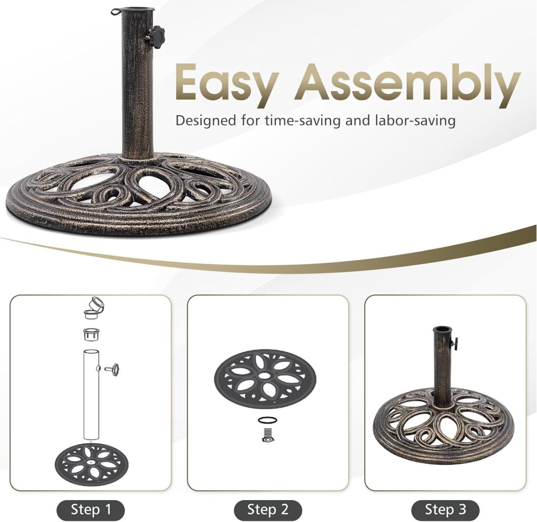WJSP 22 lbs Heavy Duty Umbrella Base, Round Parasol Holder with 3 Adapters for Φ1.38/Φ1.57/Φ1.9 Pole, Cast Iron Umbrella Base Stand with Beautiful Decorative Pattern, Easy Setup