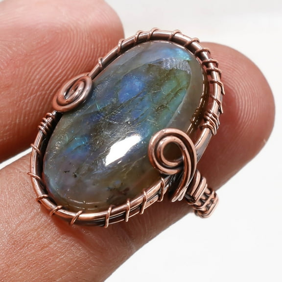 Blue Labradorite Gemstone Wire Wrapped Handcrafted Copper Jewelry Ring 6" SA 354