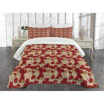 Ambesonne Vintage Quilted Bedspread Set 3 Pcs, Romantic Red Roses, King Size, Red Khaki Sand Brown