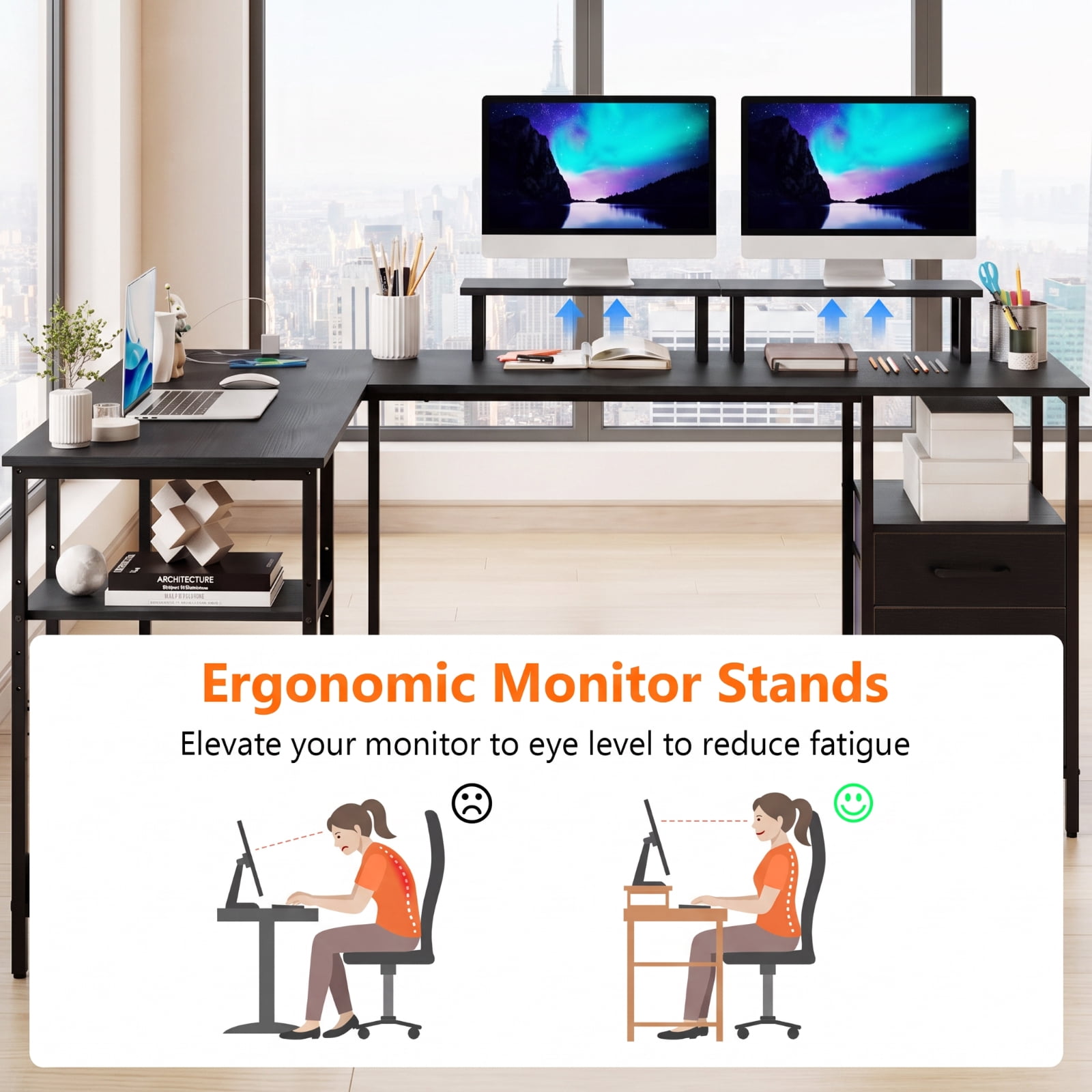 Furnibear L Shaped Desk with Power Outlet, Reversible Corner Computer Desk with Monitor Stands and 2 Drawers for Home Office Gaming, Rustic Brown