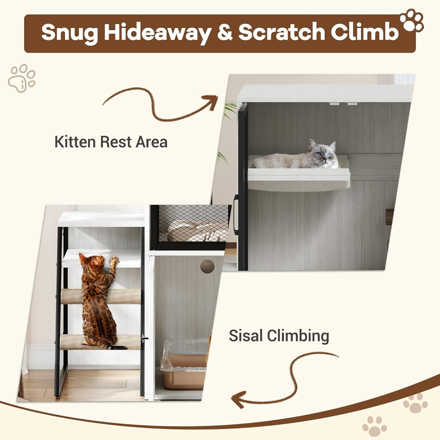 2-Tier Cat Litter Box Furniture - Enclosed Hidden Litter Box Cabinet with Doors, Storage Shelf & Step Ladder - Discrepet Cat Toilet Furniture for Home Decor, Large Size for Multiple Cats