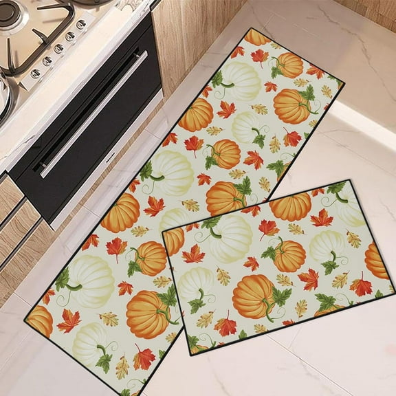Fall Kitchen Rugs and Mats Non Skid Washable Set of 2, Pumpkins Maple Kitchen Runner Rug, Fall Leaves Thanksgiving Kitchen Floor Mat Under Sink Mat Throw Rug for Kitchen Doormat Waterproof