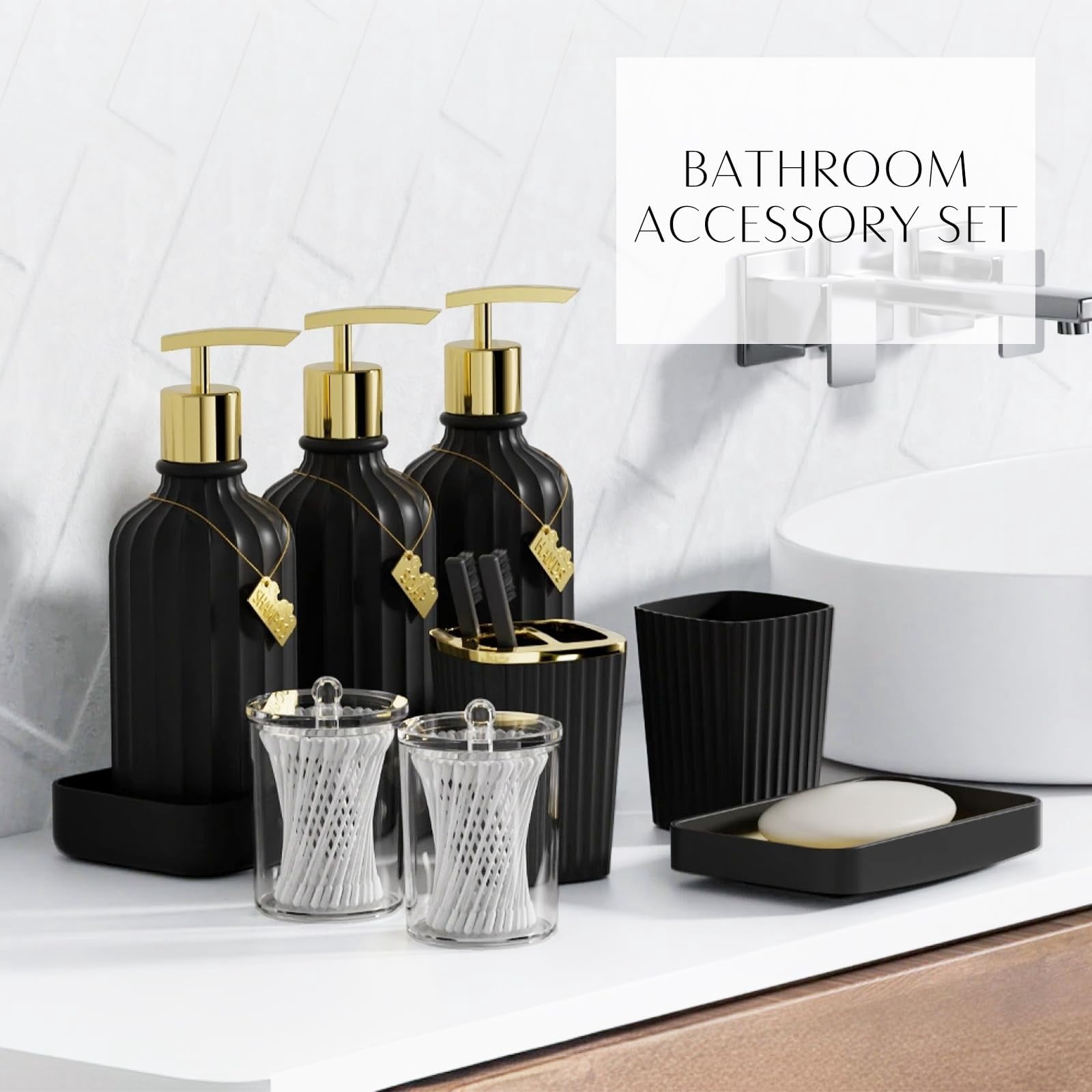 17PCS Bathroom Accessories Bathroom Set Black Bathroom Accessories,Toilet Brush, Trash Can, Qtip Holder Dispenser& 3PCS Soap Dispenser