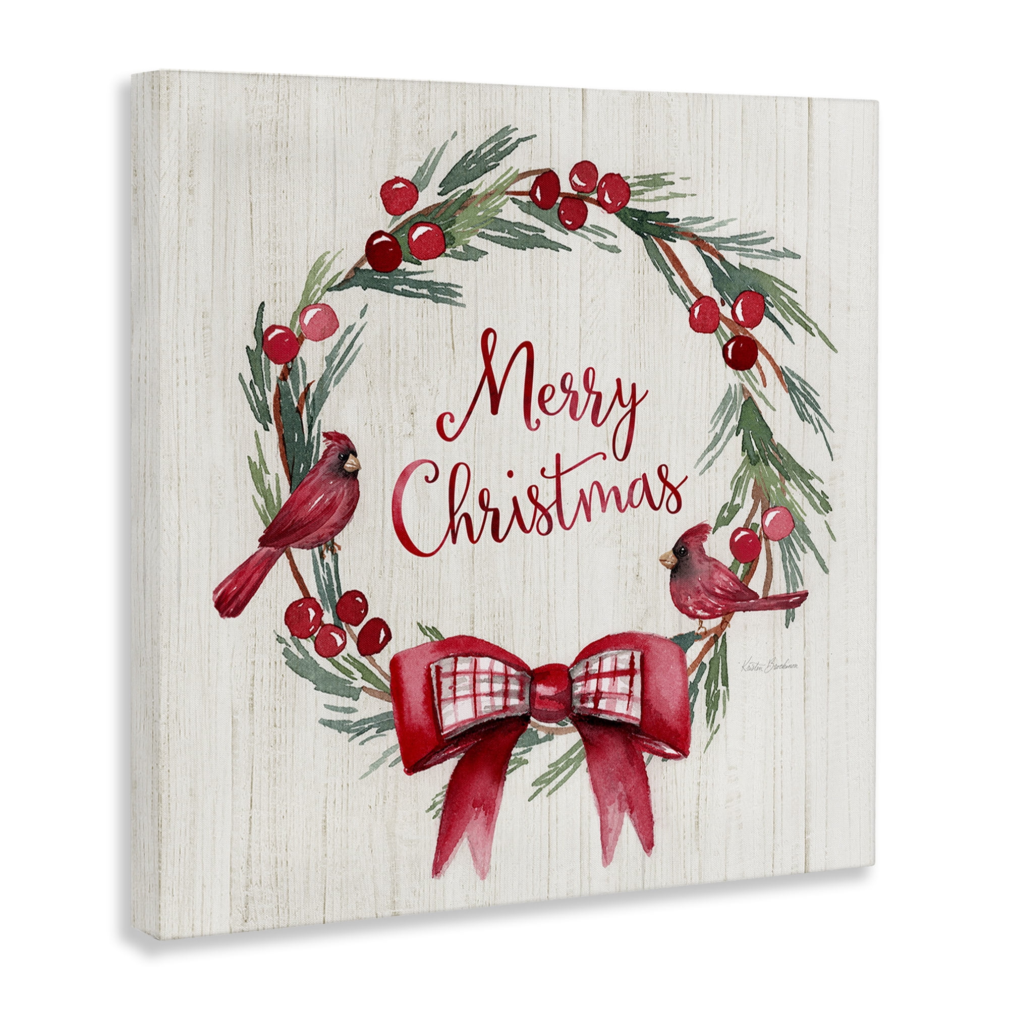 Stupell Industries Merry Christmas Holly Wreath Holiday Painting Gallery Wrapped Canvas Art Prints Wall Art, 17 x 17