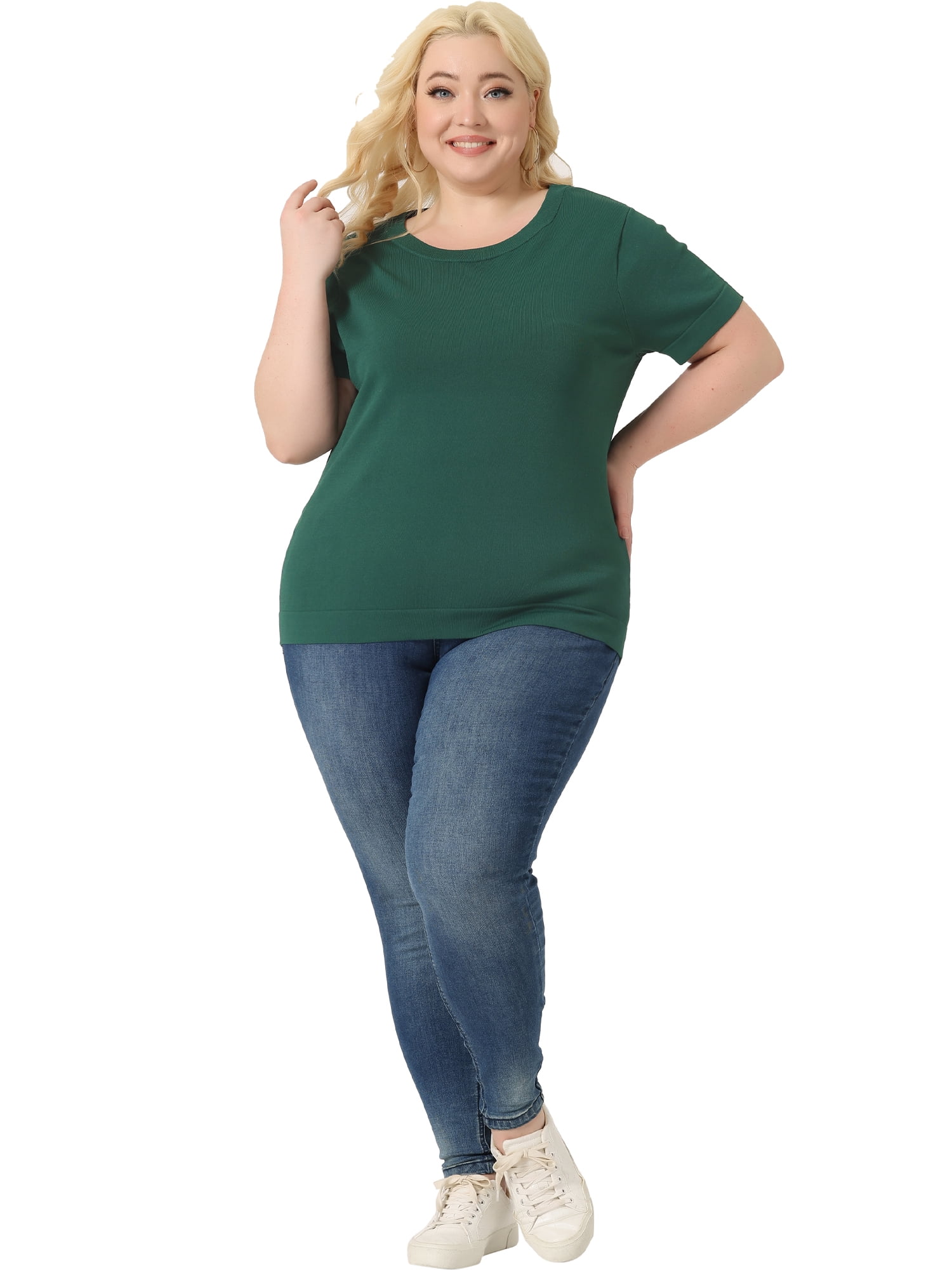 Unique Bargains Women Plus Size Tops Basic Round Neck Short Sleeve Knit Tee Blouses 1X Green