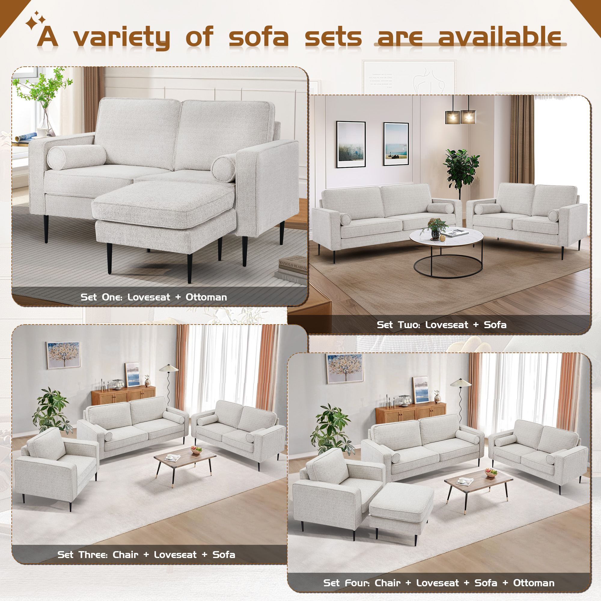 Muumblus 2 Pieces Living Room Sofa Set, Sofa and Loveseat Set, White Chenille