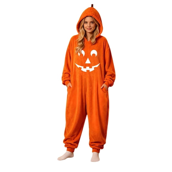 Swanpen Women Halloween Pumpkin Onesie , Hooded Plush One Piece Pajamas, Cute Jack O' Lantern Jumpsuit for Halloween Party & Loungewear,Orange