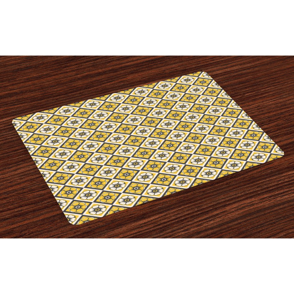 Grey and Yellow Placemats Set of 4 Tile Like Spring Flowers in