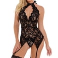 thumbnail image 4 of Ropa interior de una pieza con medias de tentación sexy con escote en V y encaje halter con pantalones T para mujer, 4 of 4