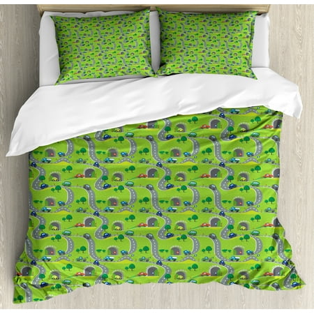- Kid's Car Race Track Roadway Activity Queen Size Duvet Cover Set, Cartoon Style Roads with Vehicles on Hills Tunnels, Decorative 3 Piece Bedding Set with 2 Pillow Shams, Multicolor, by Ambesonne