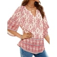 thumbnail image 3 of UVN Womens Summer Blouses Bohemian 3/4 Bell Sleeve Shirts for Women V Neck Flowy Casual Pleated Tops, 3 of 8