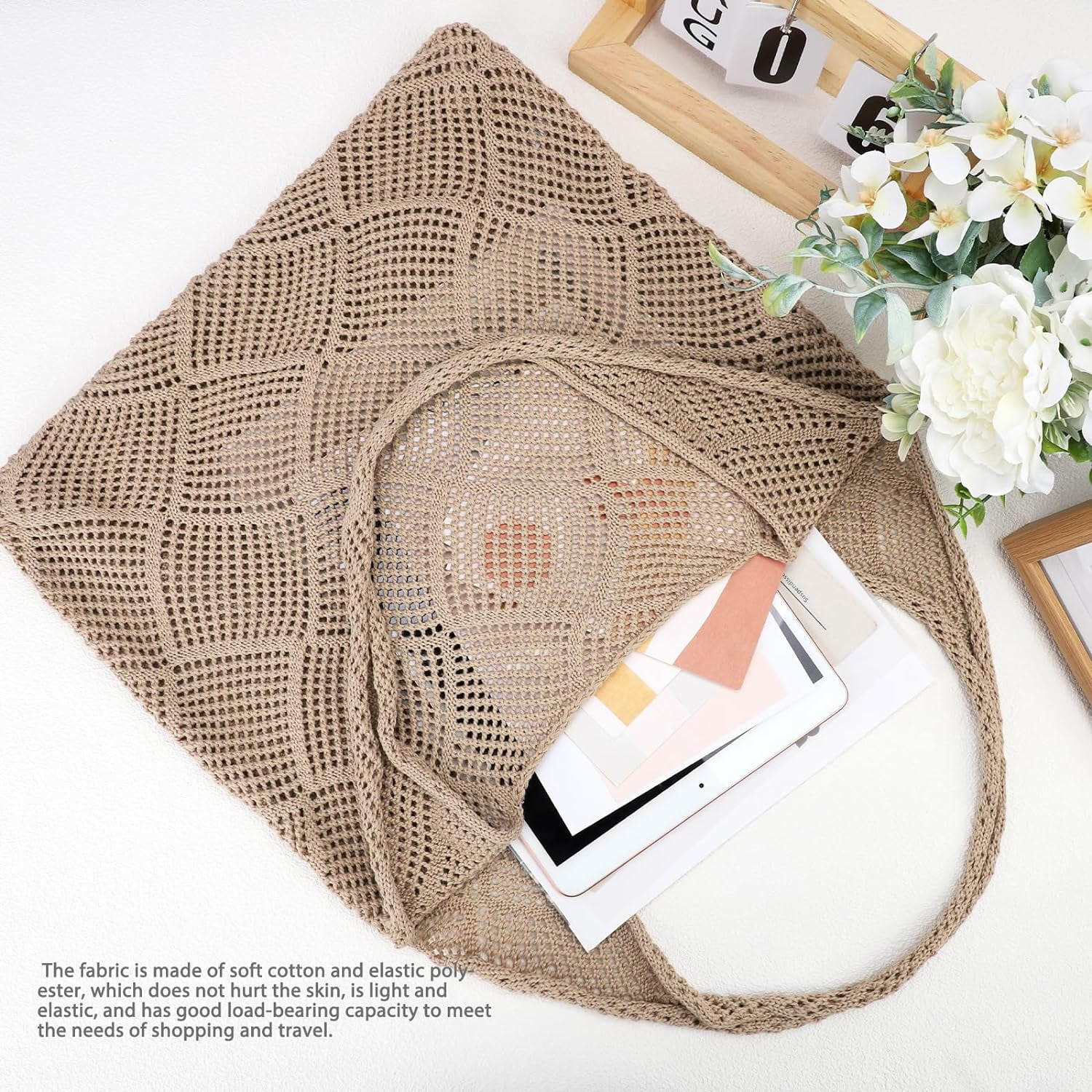 Crochet Bag for Women, Crochet Tote Summer Bag Mesh Large Shoulder Bag (Khaki 14 x 10 x 26.5in)